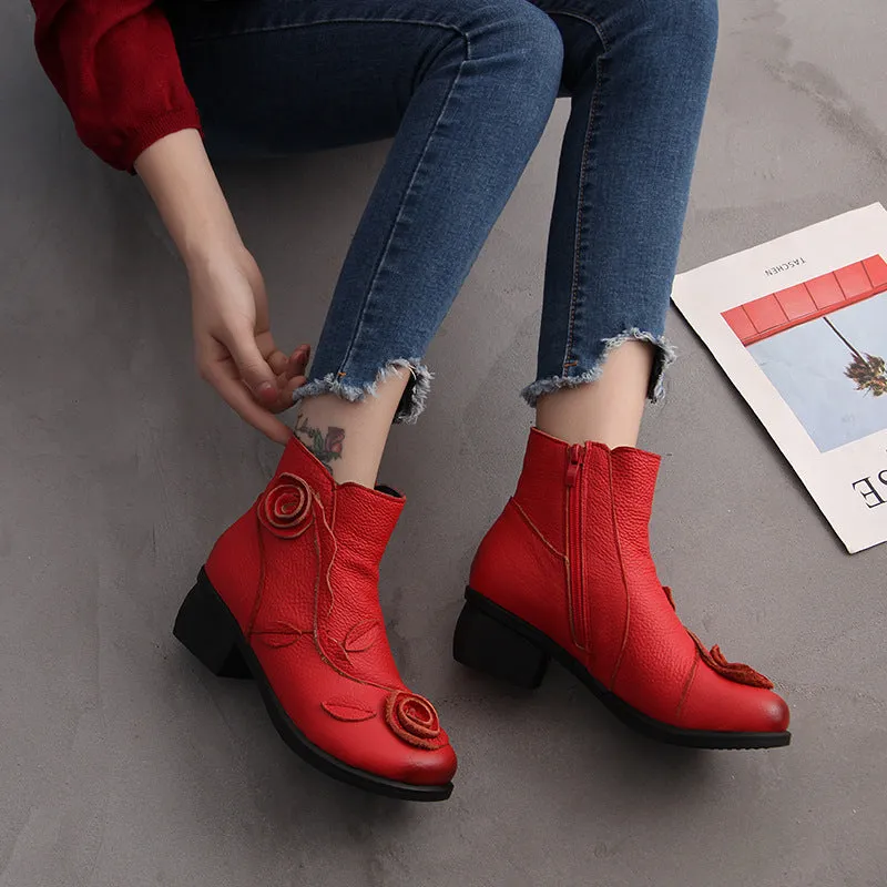 Chunky Heel Leather Martin Boots Hand Stitched Floral Ankle Boots