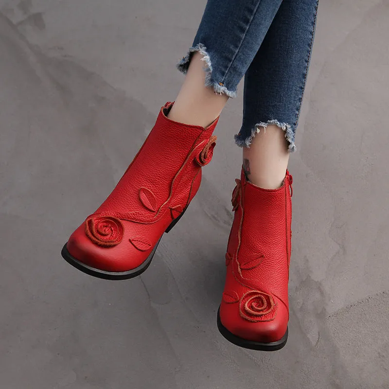 Chunky Heel Leather Martin Boots Hand Stitched Floral Ankle Boots