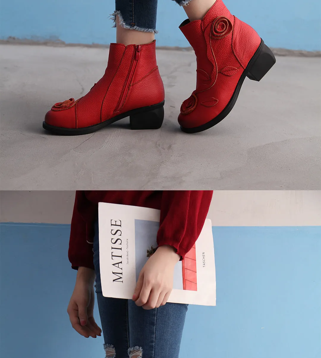 Chunky Heel Leather Martin Boots Hand Stitched Floral Ankle Boots