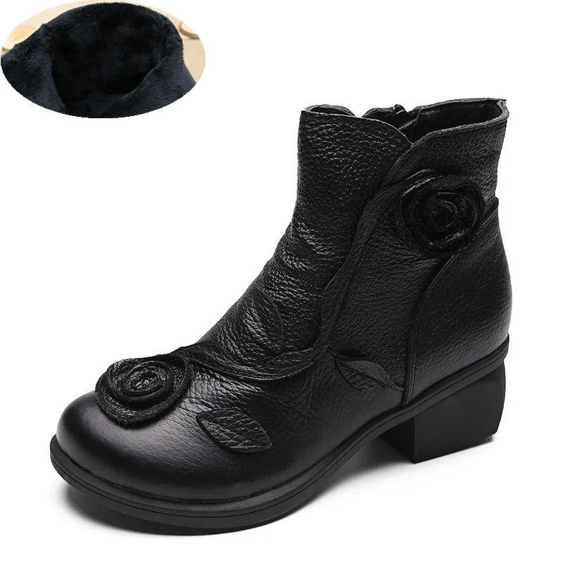 Chunky Heel Leather Martin Boots Hand Stitched Floral Ankle Boots