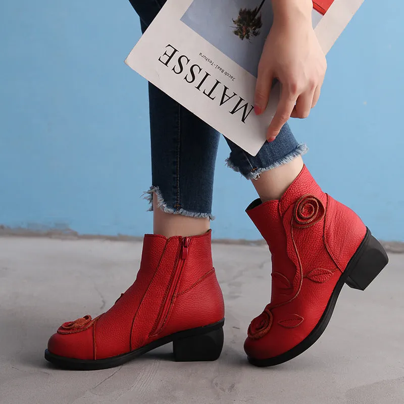 Chunky Heel Leather Martin Boots Hand Stitched Floral Ankle Boots