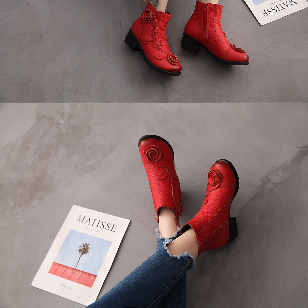 Chunky Heel Leather Martin Boots Hand Stitched Floral Ankle Boots