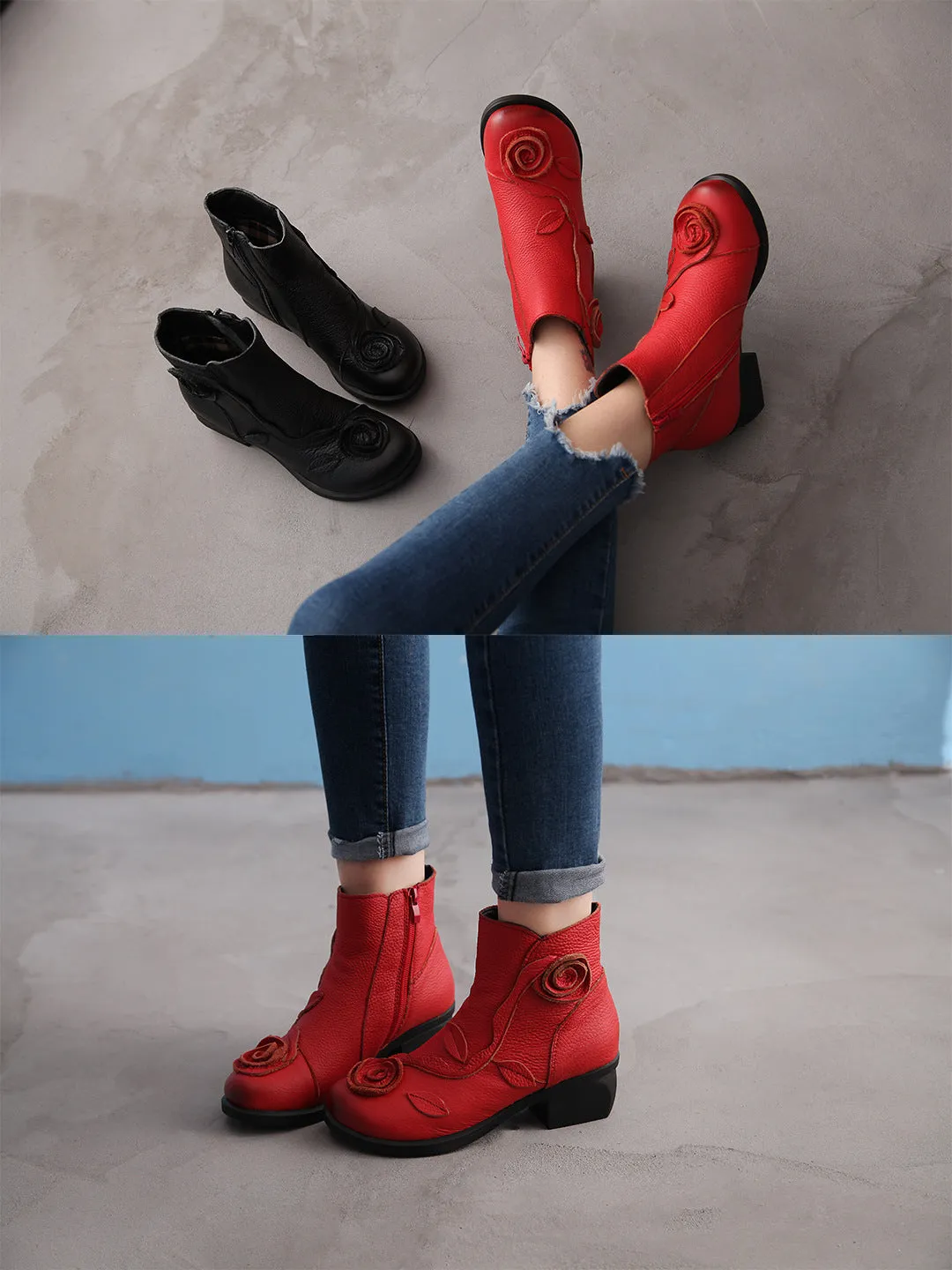 Chunky Heel Leather Martin Boots Hand Stitched Floral Ankle Boots
