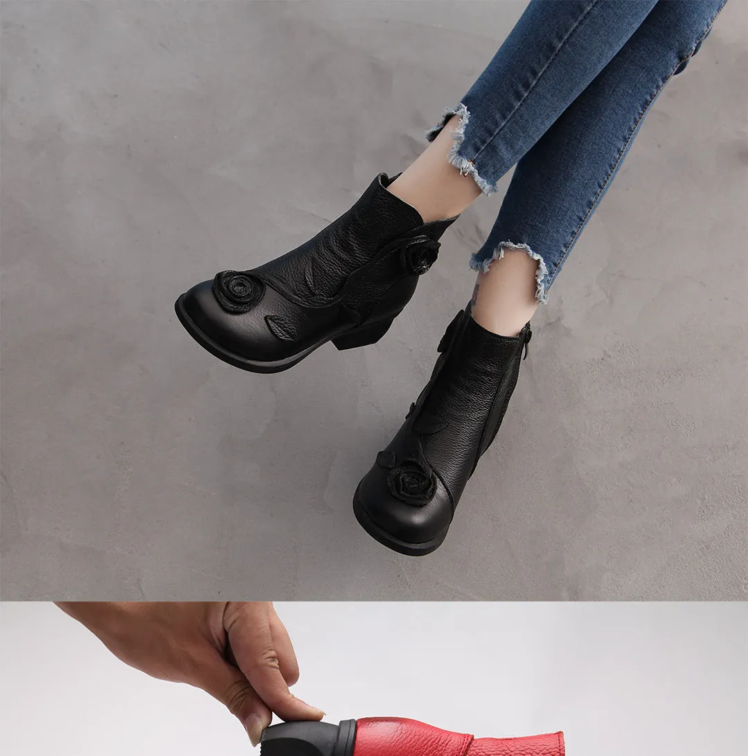 Chunky Heel Leather Martin Boots Hand Stitched Floral Ankle Boots