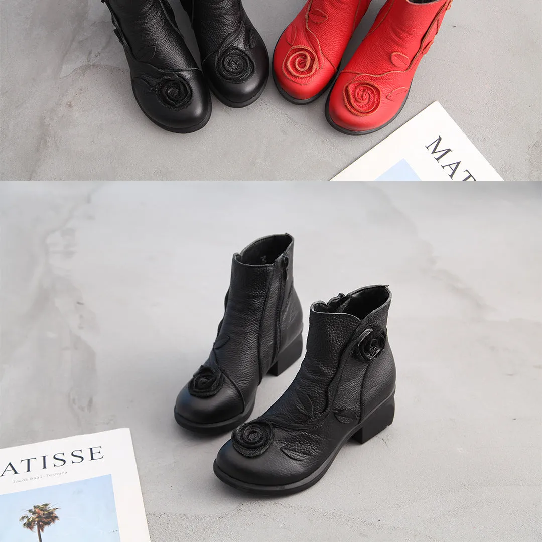 Chunky Heel Leather Martin Boots Hand Stitched Floral Ankle Boots