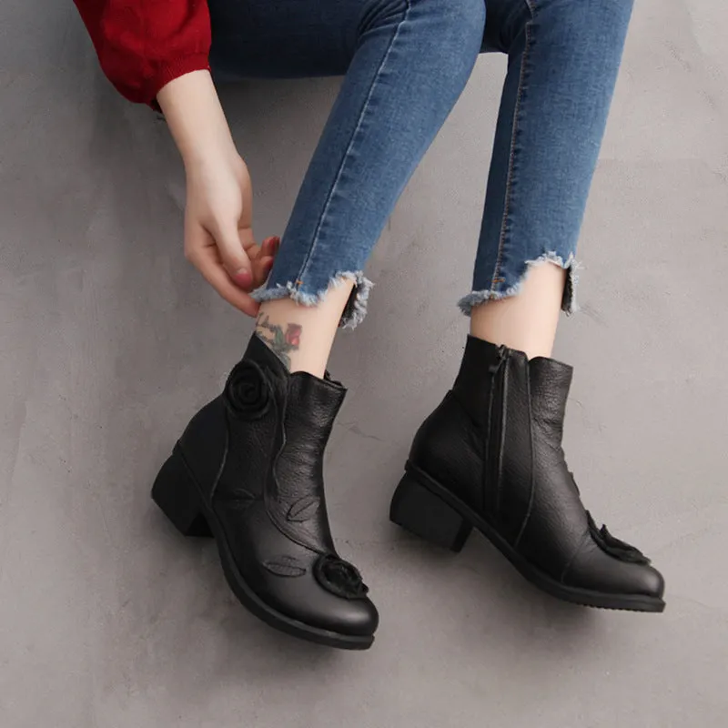Chunky Heel Leather Martin Boots Hand Stitched Floral Ankle Boots