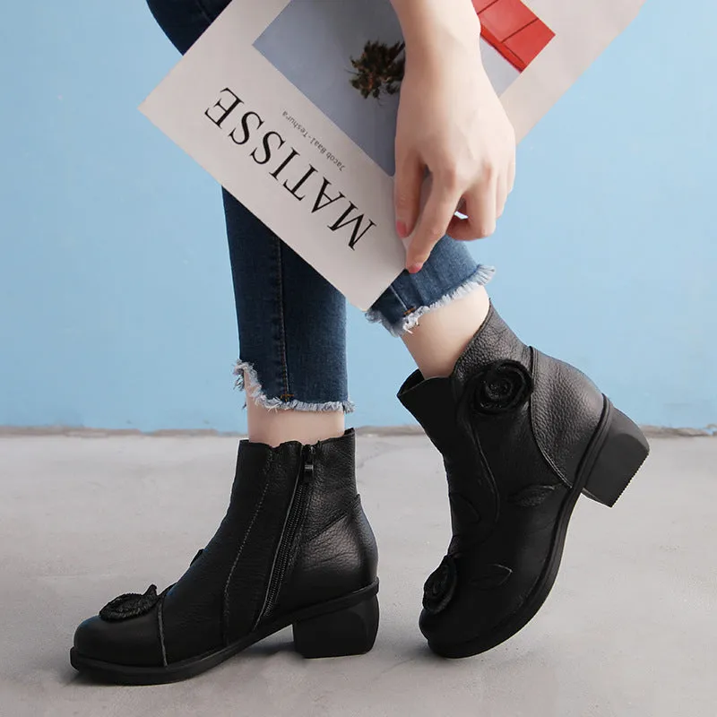 Chunky Heel Leather Martin Boots Hand Stitched Floral Ankle Boots
