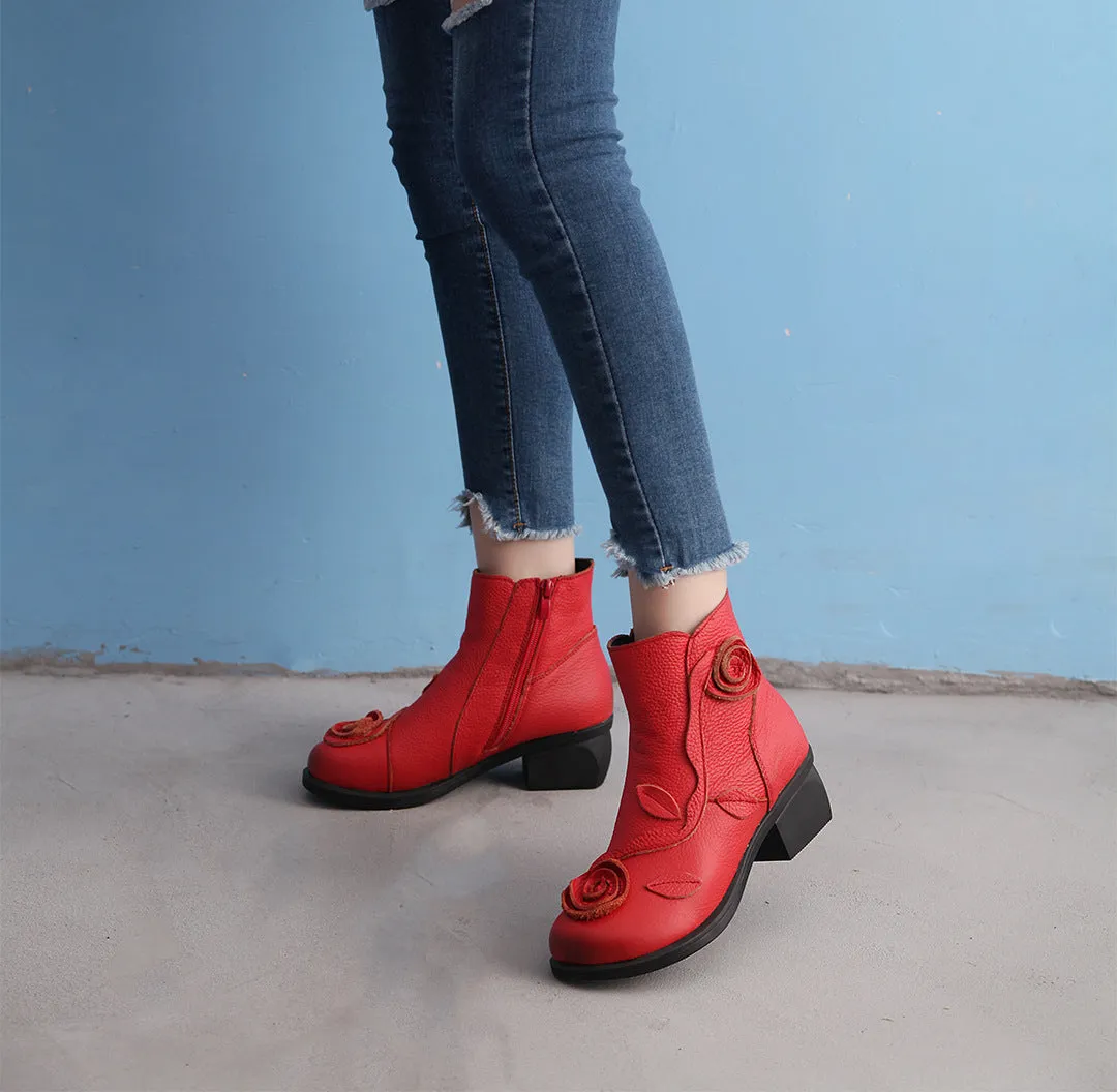 Chunky Heel Leather Martin Boots Hand Stitched Floral Ankle Boots