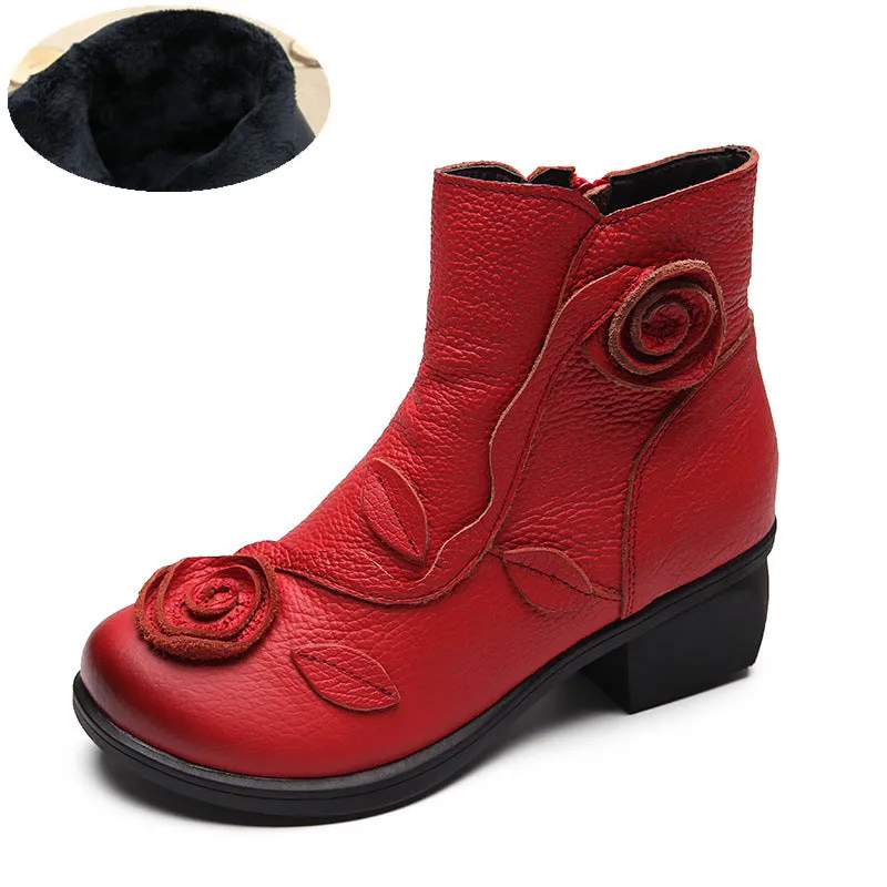 Chunky Heel Leather Martin Boots Hand Stitched Floral Ankle Boots