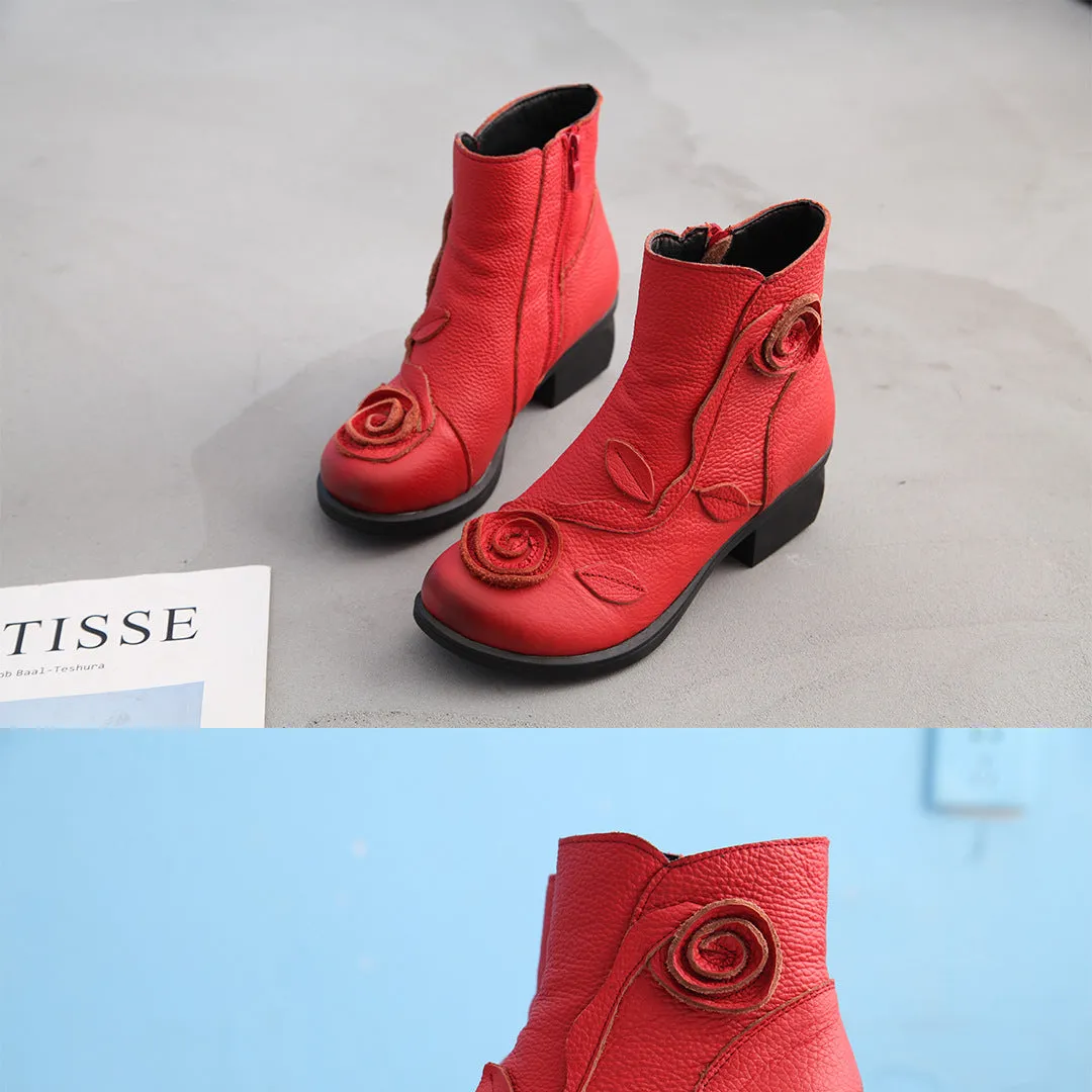 Chunky Heel Leather Martin Boots Hand Stitched Floral Ankle Boots