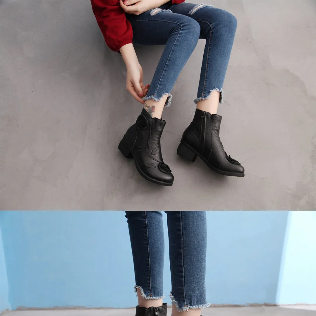 Chunky Heel Leather Martin Boots Hand Stitched Floral Ankle Boots