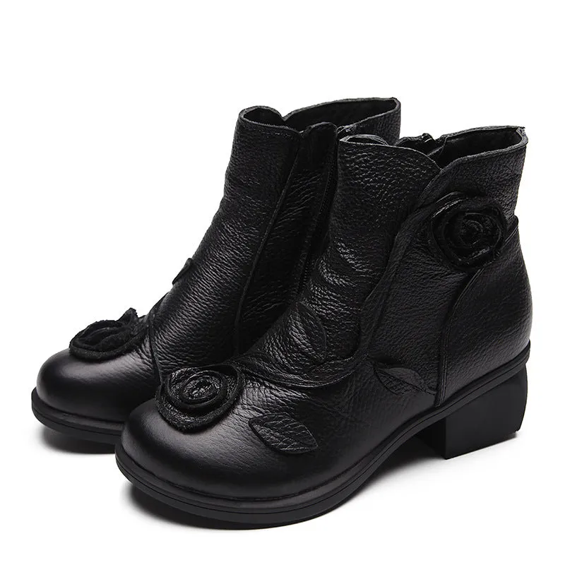 Chunky Heel Leather Martin Boots Hand Stitched Floral Ankle Boots