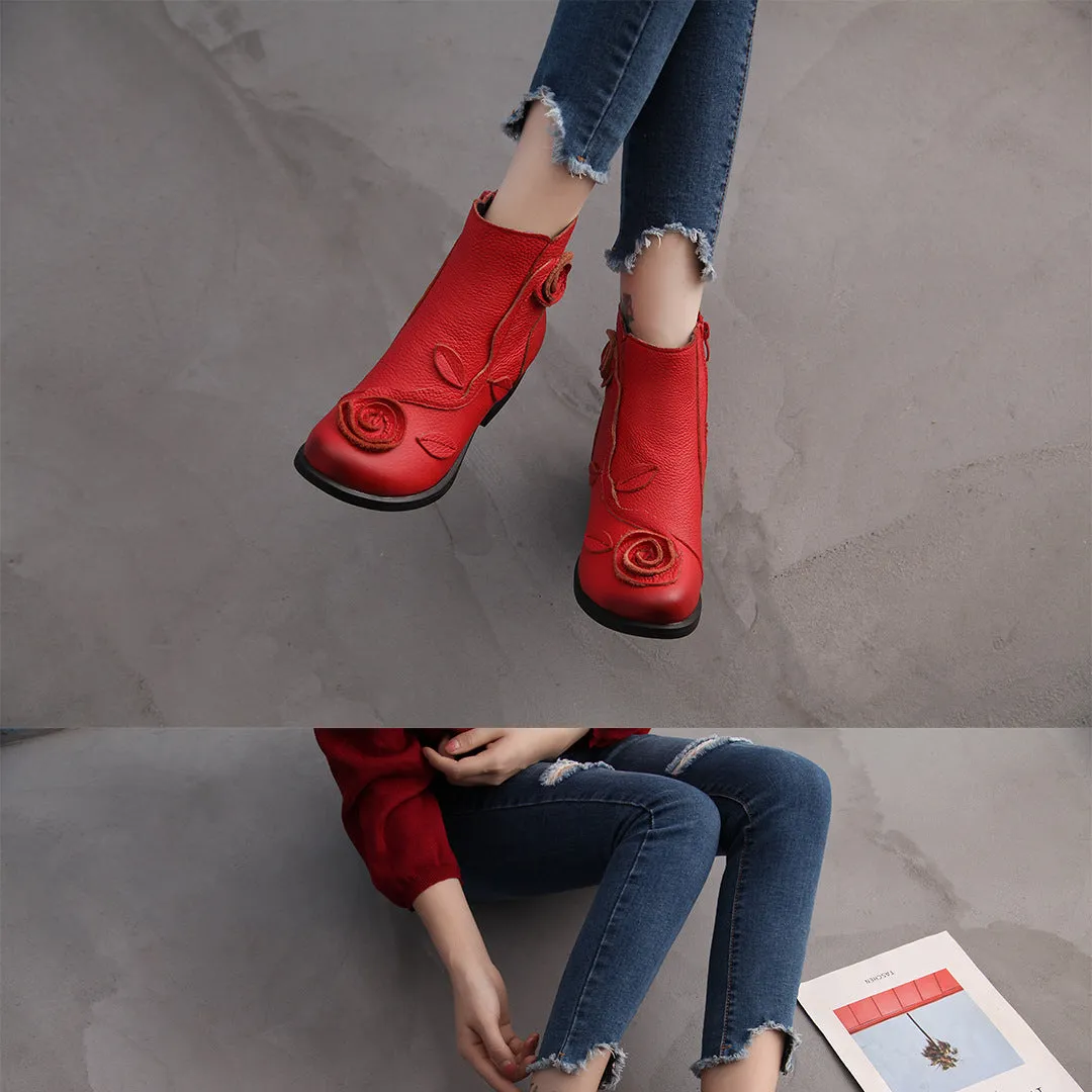 Chunky Heel Leather Martin Boots Hand Stitched Floral Ankle Boots