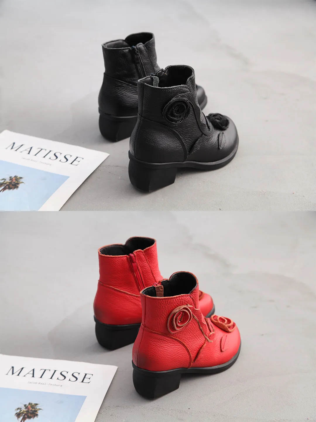 Chunky Heel Leather Martin Boots Hand Stitched Floral Ankle Boots