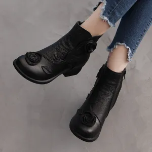 Chunky Heel Leather Martin Boots Hand Stitched Floral Ankle Boots