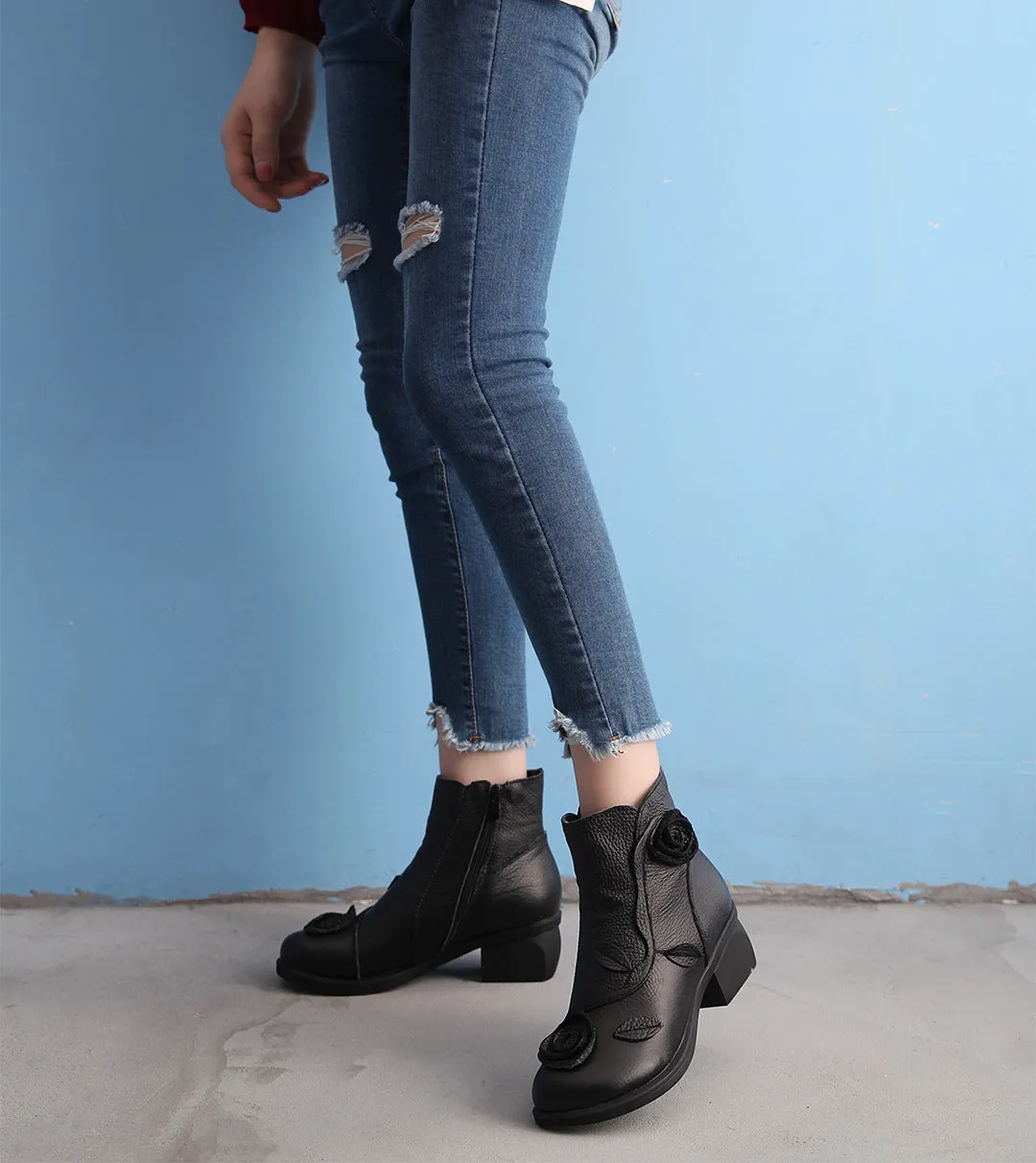 Chunky Heel Leather Martin Boots Hand Stitched Floral Ankle Boots