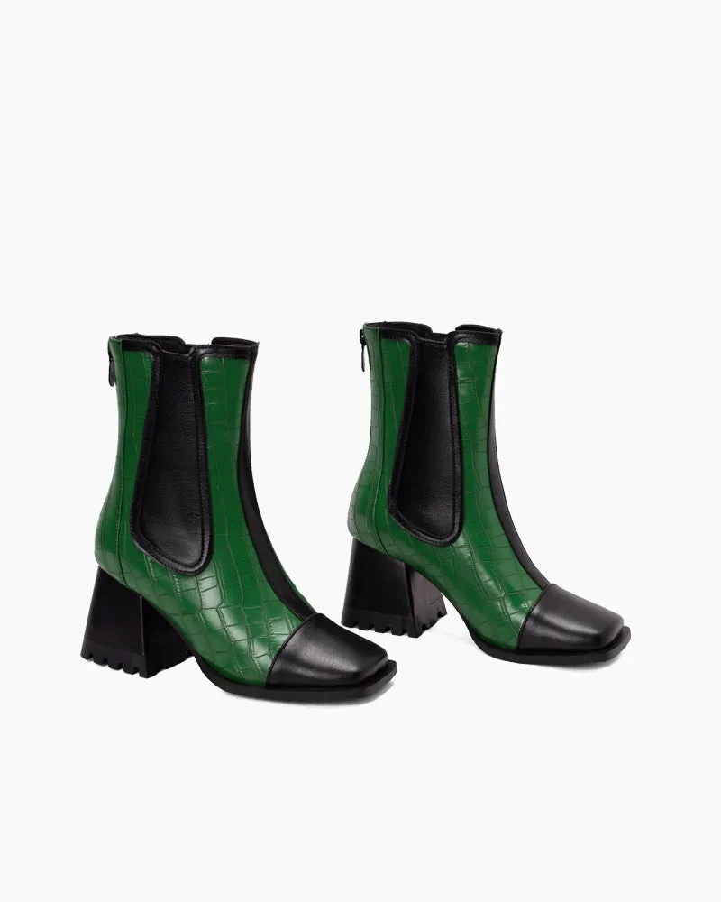 (Clean Up - US 7.5)Square Toe Chunky Block Mid Heel Zipper Boots
