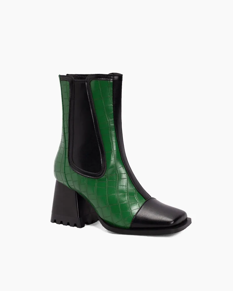 (Clean Up - US 7.5)Square Toe Chunky Block Mid Heel Zipper Boots