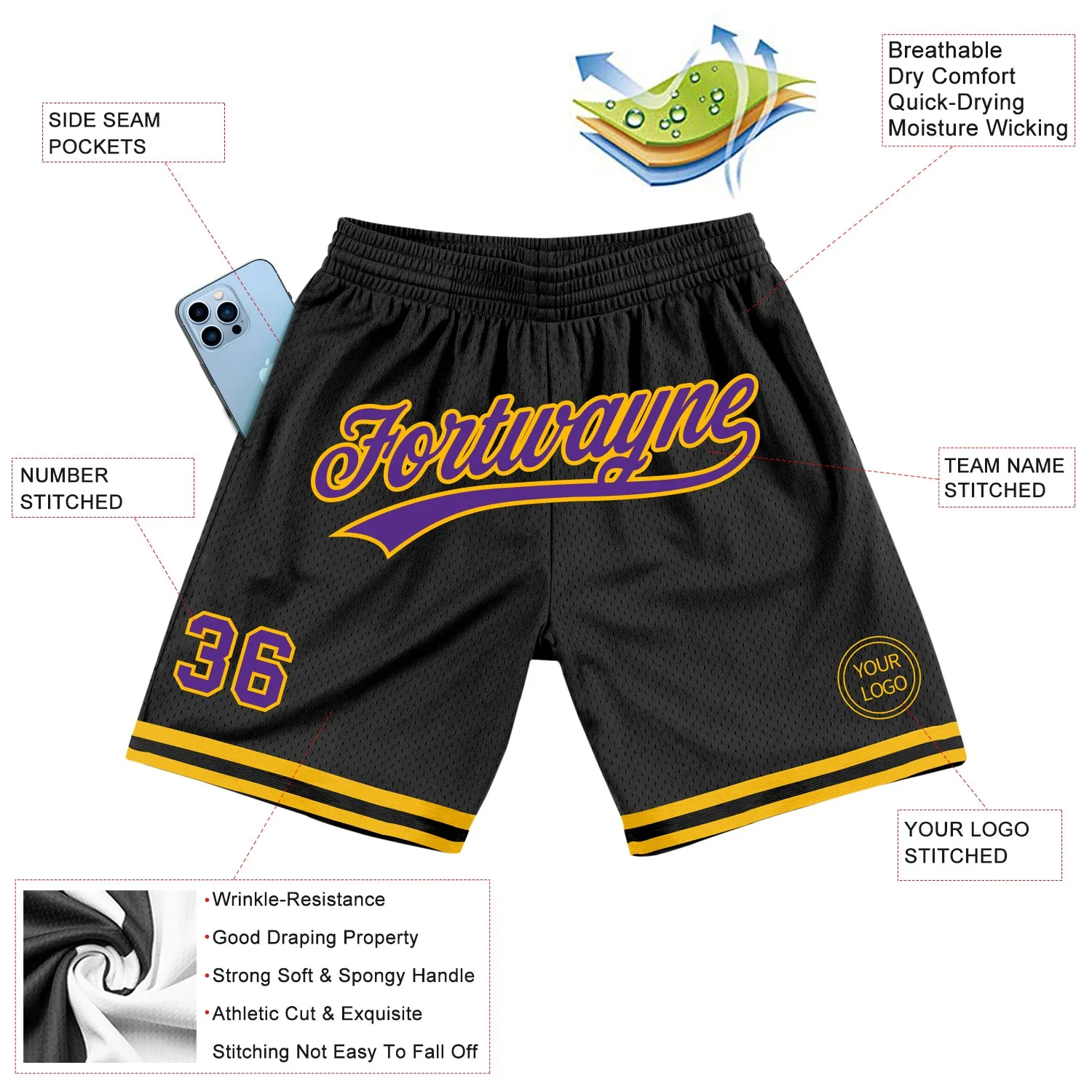 Custom Black Purple-Gold Authentic Throwback Basketball Shorts