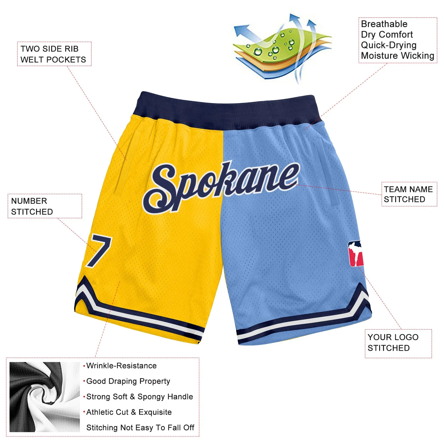 Custom Gold Navy-Light Blue Authentic Throwback Split Fashion Basketball Shorts