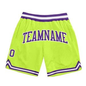 Custom Neon Green Purple-White Authentic Throwback Basketball Shorts