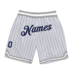 Custom White Navy Pinstripe Navy-Gray Authentic Basketball Shorts