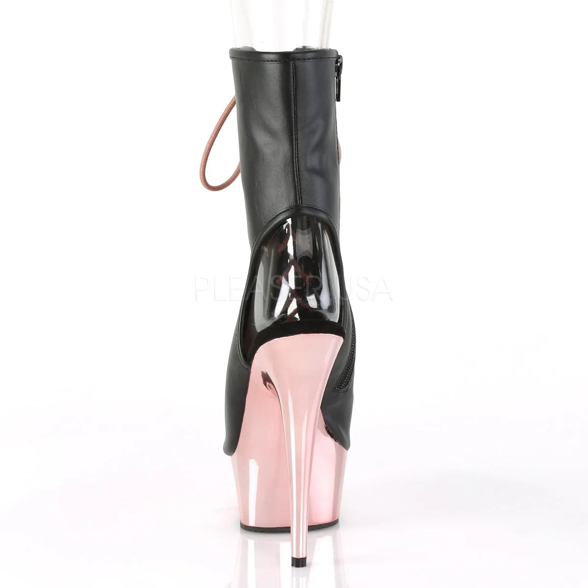 DELIGHT-1016  Black Faux Leather/Rose Gold Chrome