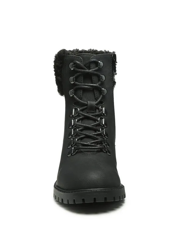DOLON Black Lace Up Fur Collared Ankle Boot