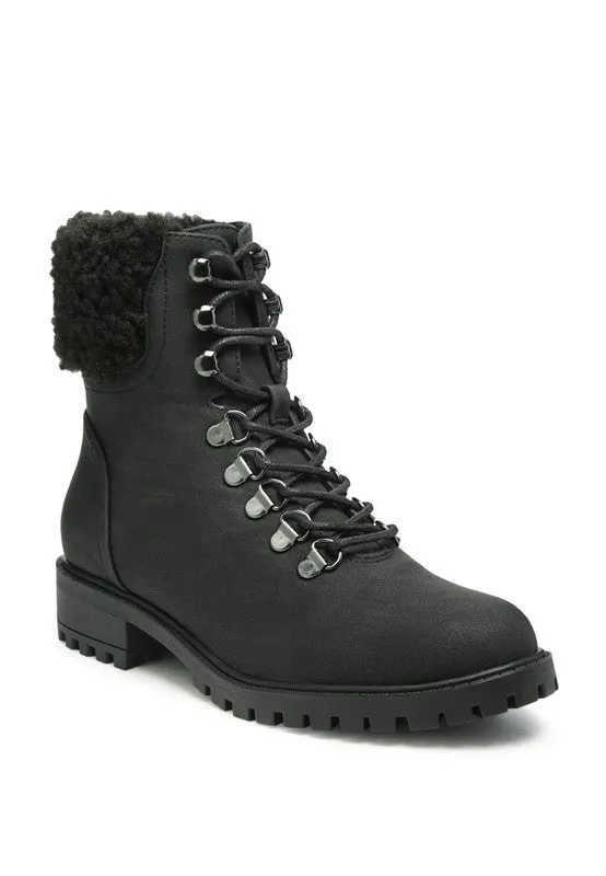 DOLON Black Lace Up Fur Collared Ankle Boot