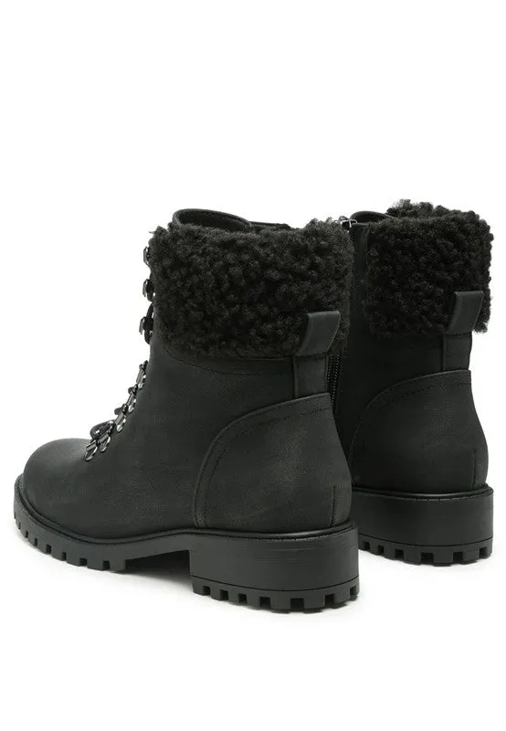 DOLON Black Lace Up Fur Collared Ankle Boot