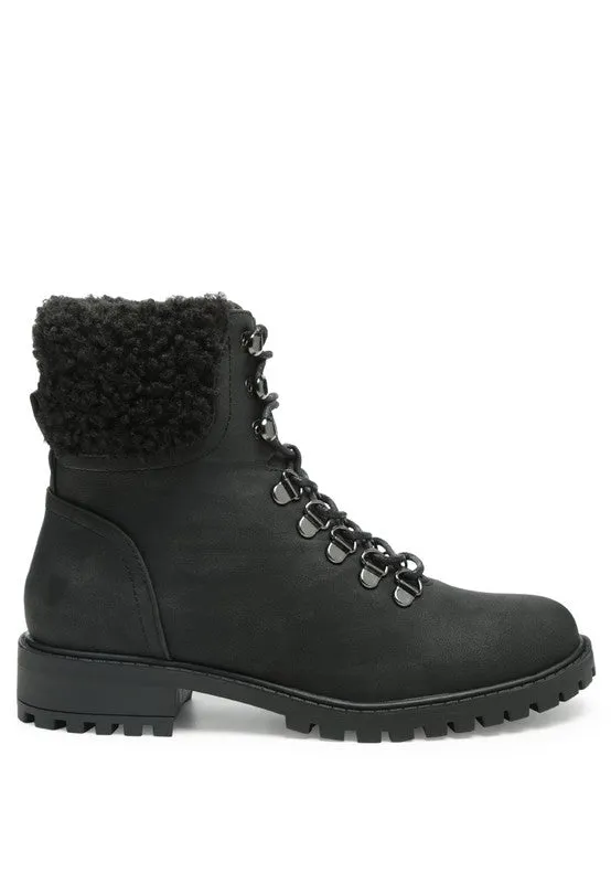DOLON Black Lace Up Fur Collared Ankle Boot