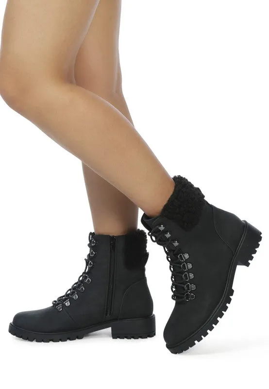 DOLON Black Lace Up Fur Collared Ankle Boot