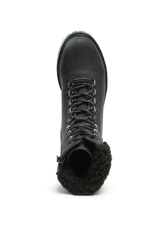 DOLON Black Lace Up Fur Collared Ankle Boot