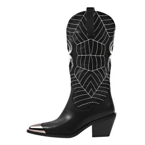 Embroidery Spider Webs Metal Pointed Toe Boots