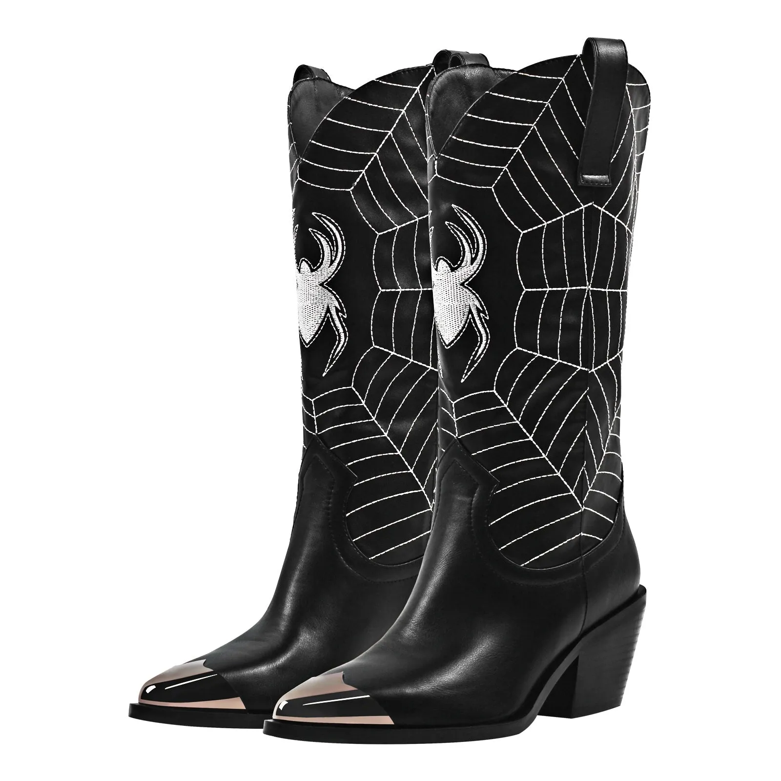 Embroidery Spider Webs Metal Pointed Toe Boots