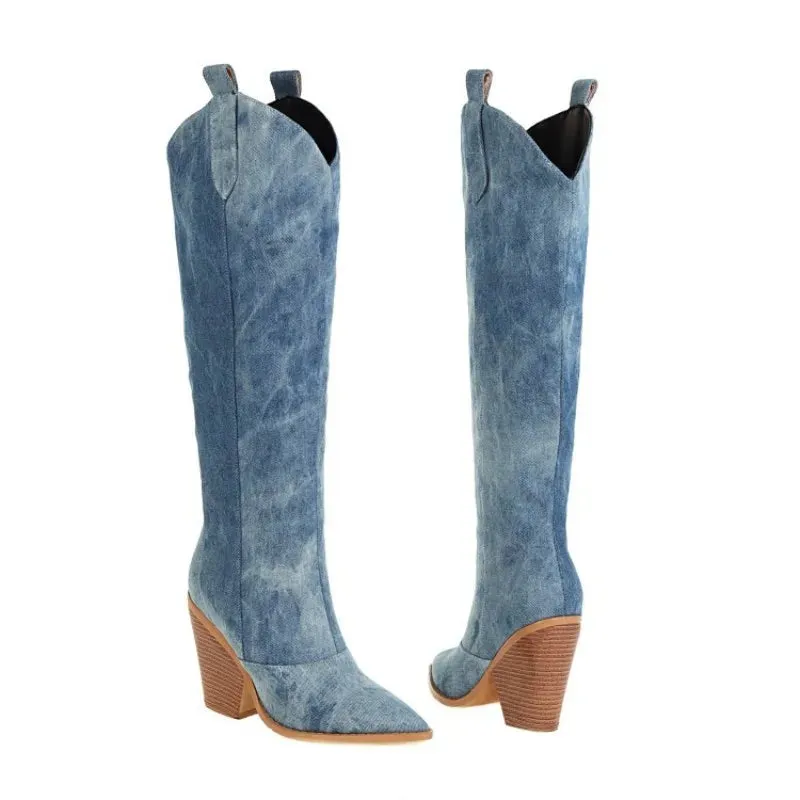 Fashion Blue Denim Western Knee High Block Heel Boots