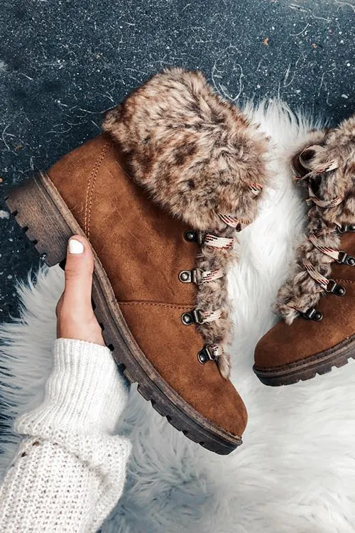 Faux Fur Lace Up Ankle Boots