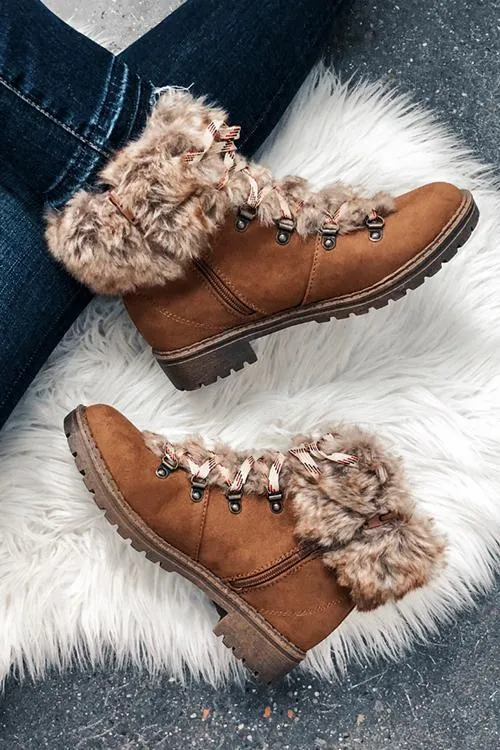 Faux Fur Lace Up Ankle Boots