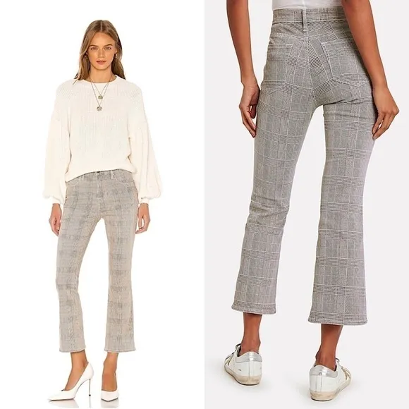 FRAME 90s Houndstooth Plaid Check Denim High Waist Ankle Crop Kick Flare Jean 25