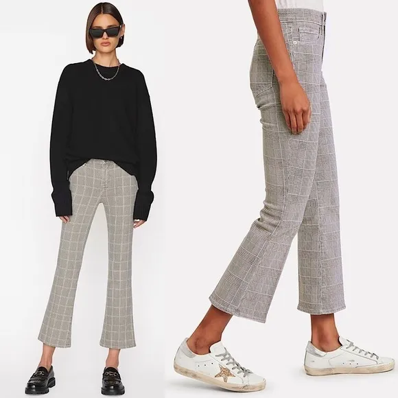 FRAME 90s Houndstooth Plaid Check Denim High Waist Ankle Crop Kick Flare Jean 25