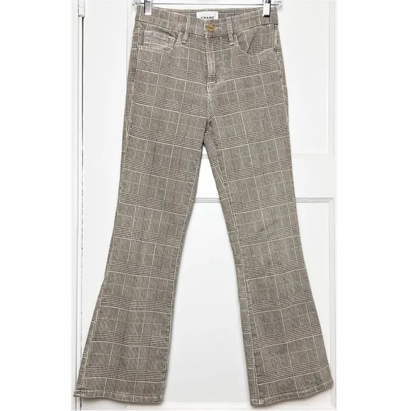 FRAME 90s Houndstooth Plaid Check Denim High Waist Ankle Crop Kick Flare Jean 25
