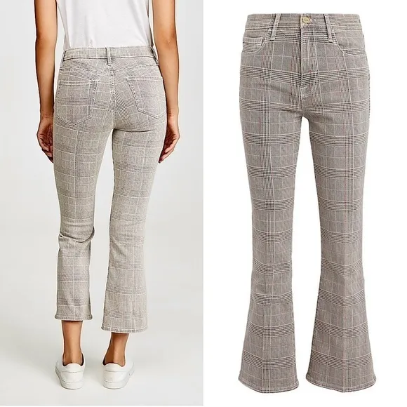 FRAME 90s Houndstooth Plaid Check Denim High Waist Ankle Crop Kick Flare Jean 25