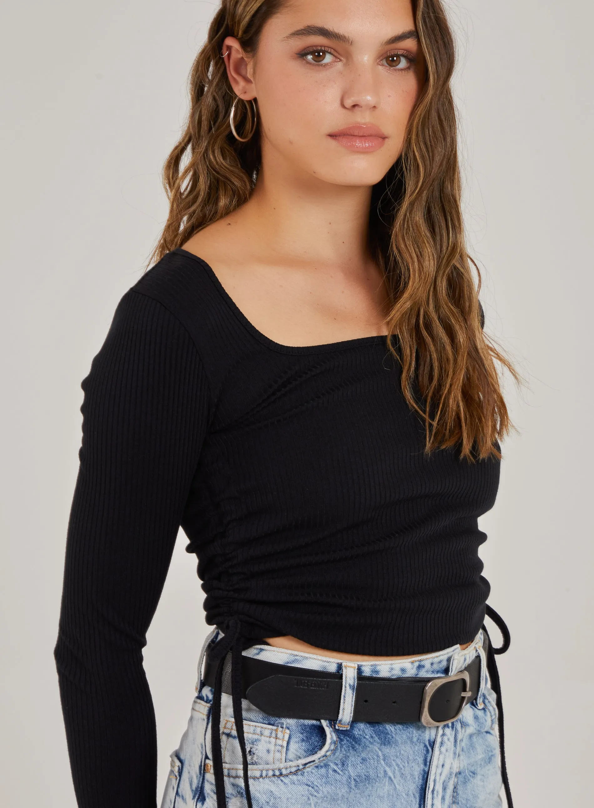 Gathered Ribbed Long Sleeve Top