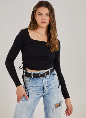 Gathered Ribbed Long Sleeve Top