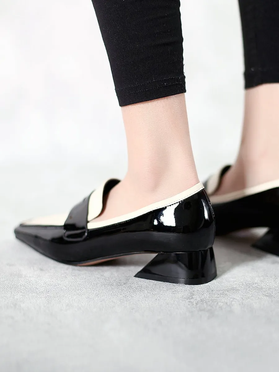 Genuine Leather Block Color Elegant Princess Kate Loafers - Black