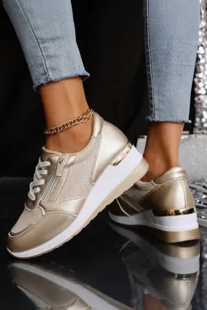 Gold Leather Patchwork Zipper Lace-up Sneakers