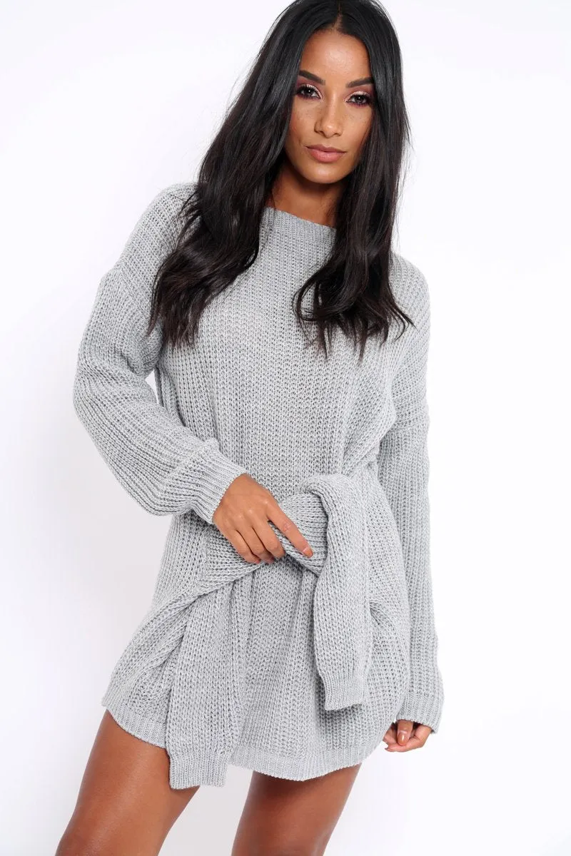 Grey Tie Front Knitted Jumper Dress - Harley