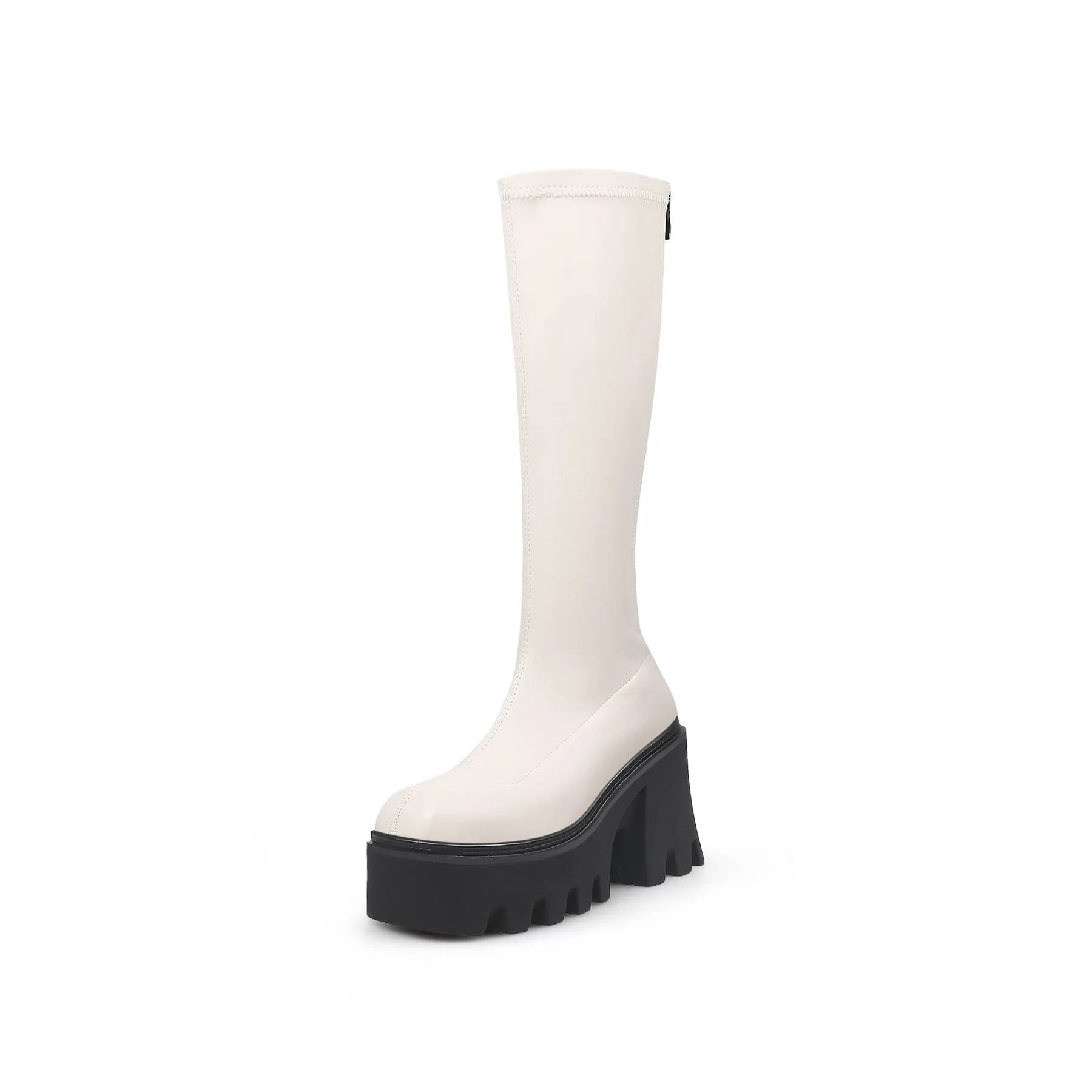 Ivory Chunky Heel Knee High Boot