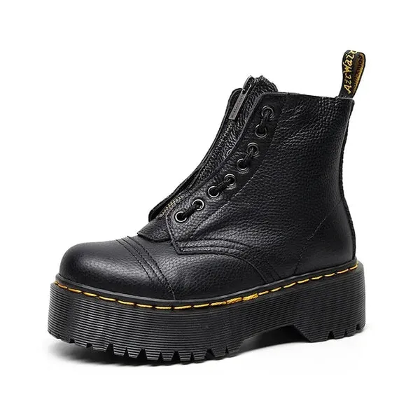 Ladies' Black Leather Ankle Boots with Chunky Sole for Women - Stylish Footwear for Everyday Wear