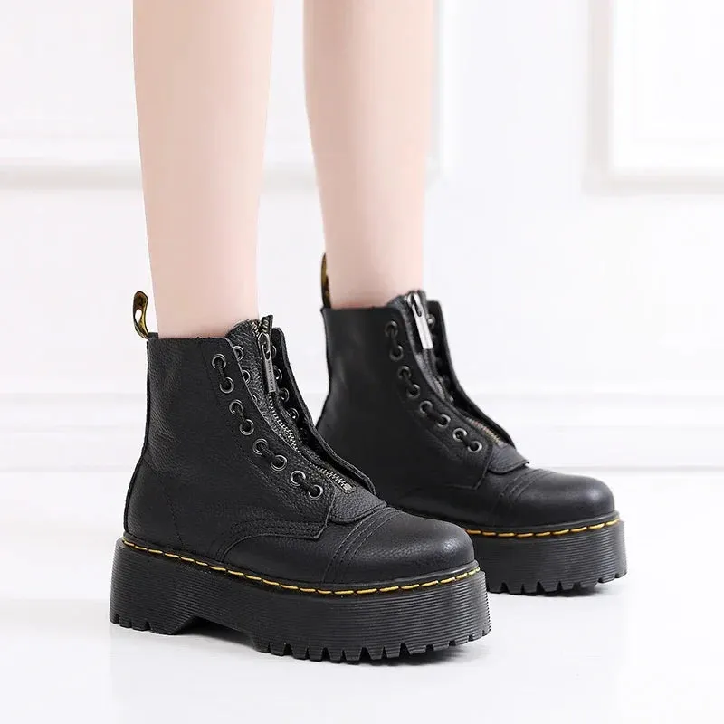 Ladies' Black Leather Ankle Boots with Chunky Sole for Women - Stylish Footwear for Everyday Wear